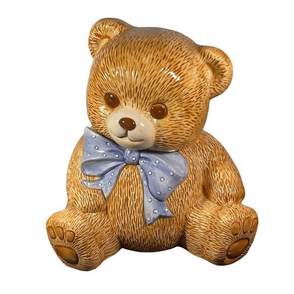 Other - Vintage Bear Cookie Jar Canister Purple Bow Brown Taiwan 10 inches